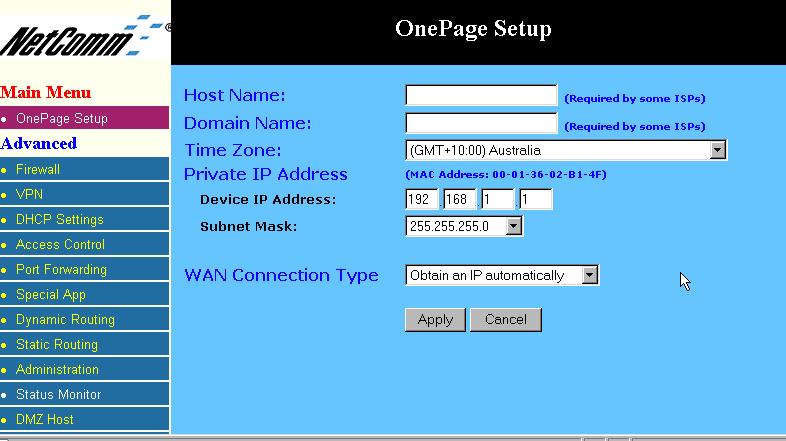 3-3 Initial Configuration Setup The OnePage Setup screen is the first screen you will see when you access the router s configuration.