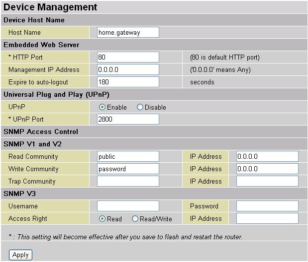 Device Management The Device Management advanced configuration settings allow you to control your router s security options and device monitoring features.