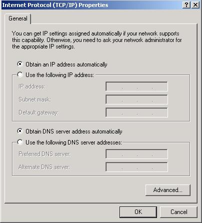 Select the Obtain an IP address automatically and Obtain DNS server address
