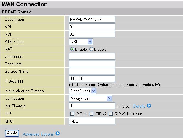 PPPoE Connections Description: A user-definable name for this connection. VPI/VCI: Enter the information provided by your ISP. ATM Class: The Quality of Service for ATM layer.