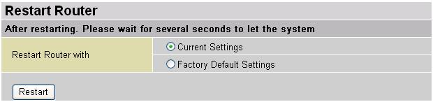 Restart Router Click Restart with option Current Settings to reboot your router (and restore your last saved configuration).