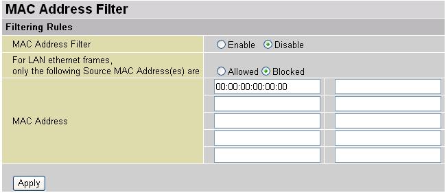 MAC Address Filter A MAC (Media Access Control) address is the unique network hardware identifier for each PC on your network s interface (i.e. its Network Interface Card or Ethernet card).