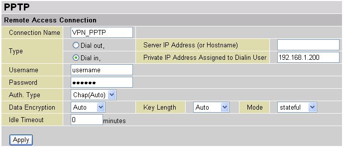 Example: Configuring a Remote Access PPTP VPN Dial-in Connection A remote worker establishes a PPTP VPN connection with the head office using Microsoft's VPN Adapter (included with Windows 2000/ME,