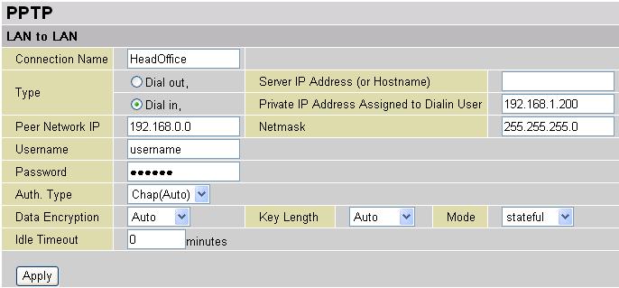 Configuring PPTP VPN in the Head Office The IP address 192.168.1.201 will be assigned to the router located in the branch office. Please make sure this IP is not used in the head office LAN.