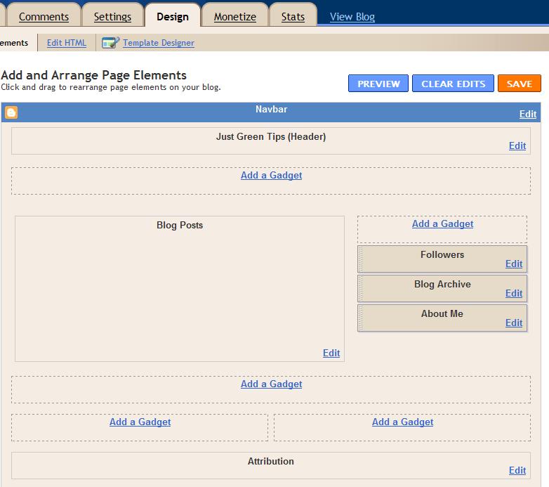 Step 7: Arrange Page Elements Clicking the Design tab will allow you to add and arrange the elements on your blog page. Simply click Edit on each of the elements to edit that area.