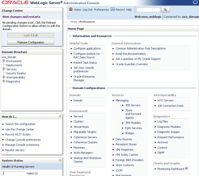 Getting Started with Oracle WebLogic Server Administration Console Alternatively, you can access the Administration Console from Fusion Middleware Control, from the home pages of targets such as the