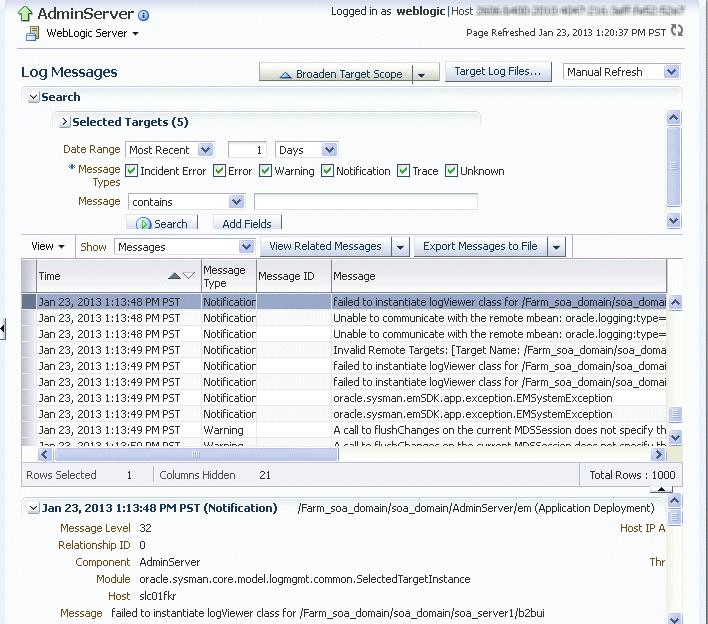 Viewing Log Messages and Summaries 7.2 Viewing Log Messages and Summaries You can view the messages for all of the entities in a domain, a Managed Server, a component, or an application.
