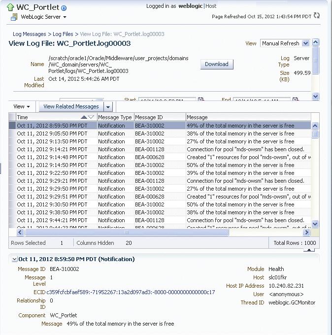 Viewing Log Files 7.3 Viewing Log Files You can view the log files associated each component and the contents of the log files using Fusion Middleware Control.