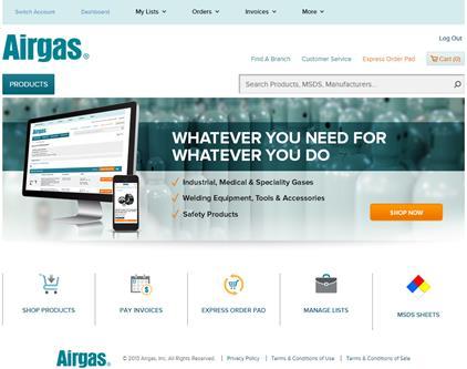 The Airgas logo in the Subnavigation or Footer navigation will direct you to the Homepage. The Homepage offers navigation options to anywhere on the site.