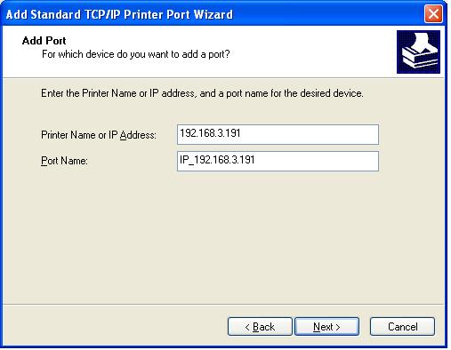 Windows Printing Methods 5. In the Printer Name or IP Address field, enter the IP address of the AXIS OfficeBasic USB Wireless G (Example: 192.168.3.