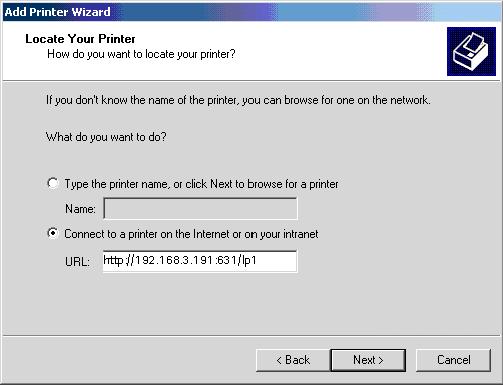 Windows Printing Methods 3. Enter the printer address in the URL field, e.g. http://192.168.3.191:631/lp1 and click Next: 4.