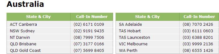 30pm Darwin, 10pm NZ Full list of dial in Numbers: http://instantteleseminar.com/local/?