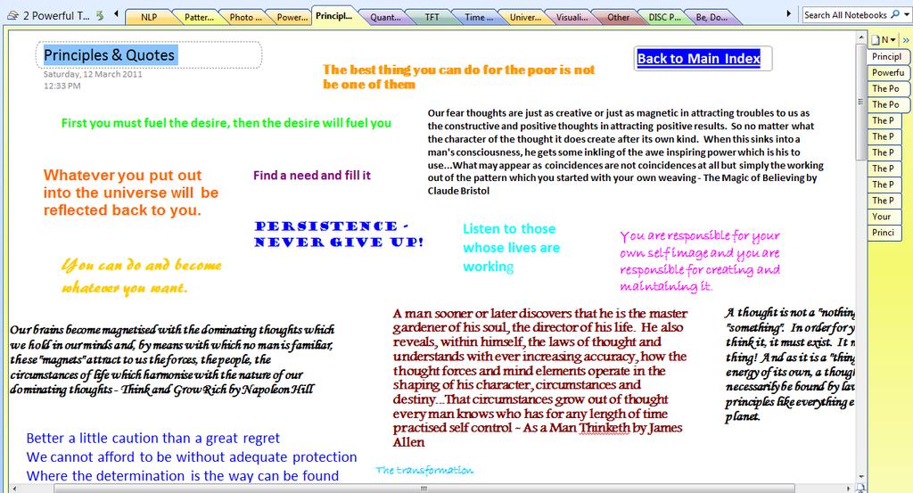 Principles & Quotes Page created with lots of different fonts and colours One of many sections in a