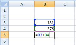 This lets Excel know that you are entering a formula.) To write a formula that adds two numbers together (for example, 181 + 376): 1.