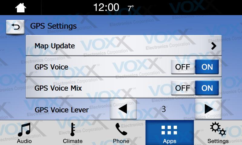 Navigation Settings Map Update: Takes you to the menu to update the Navigation software. GPS Voice: Turns the voice guidance on/off.