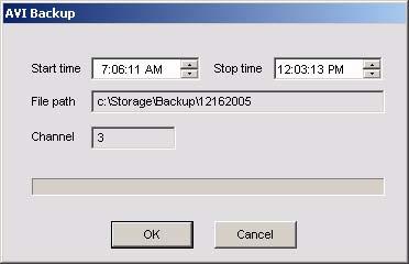 Figure 6-4 AVI Backup Window 5. You can adjust the Start and Stop times for the video clip in the AVI Backup window. 6. Click OK to start the backup process. 7.