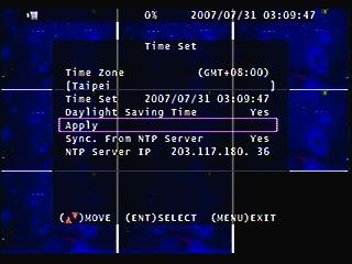 Main Menu System Set Time Set Select time zone and auto time synchronization with NTP server.