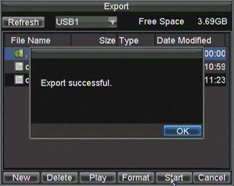 Figure 5. Export Successful Screen Note: Video Player software will automatically be copied on to the device that the recorded files were exported on.