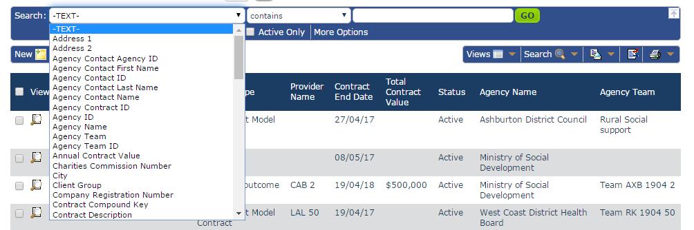 Searching for specific contract content Above the main screen is a search menu. Use the dropdown menu next to Search to search by contract fields.