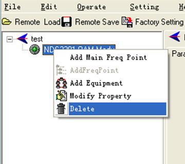 4.2.6 Delete Equipment User can choose the equipment to be deleted in the left column, and then click the delete item in the pull down menu which appears by clicking the right mouse key. 4.2.7 Save