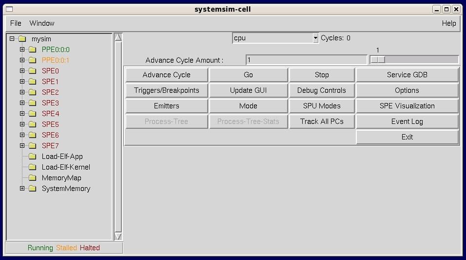 Figure 30. Main Graphical User Interface for the simulator The main GUI window has two basic areas: v The vertical panel on the left. v The rows of buttons on the right.