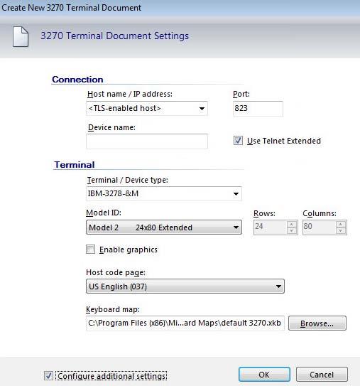 10. In the Settings for 3270 dialog under Host Connection, click Configure Advanced