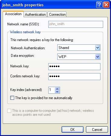 1 In the Network Authentication combo box, select Shared. 2 In the Data Encryption combo box, select WEP. 3 Enter your encryption key in both the Network key and the Confirm network key fields.