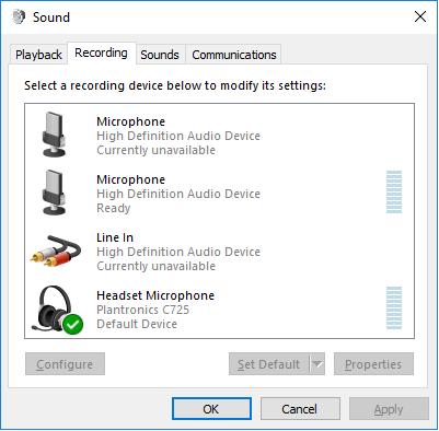 Verify that the Plantronics headset has been detected by Windows 10 and that it