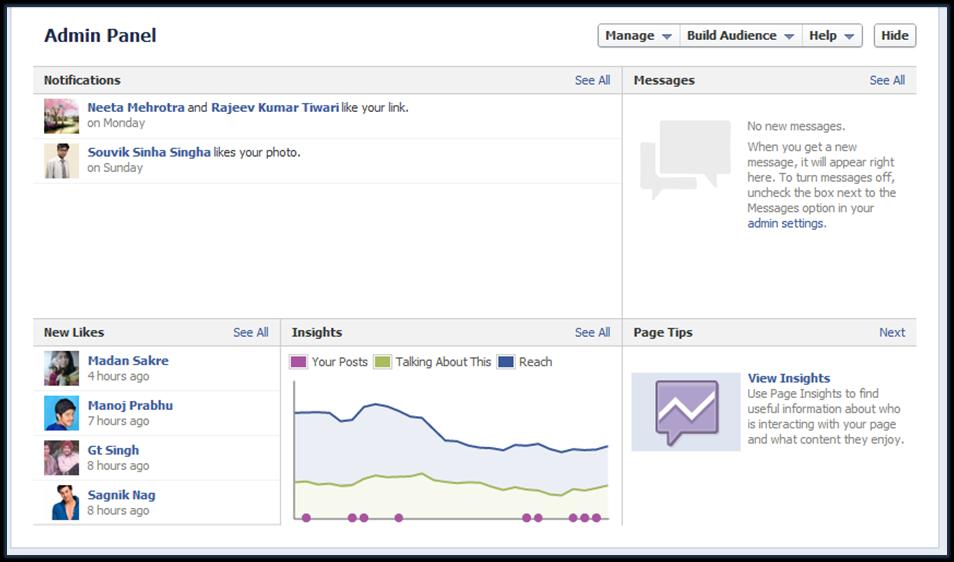 9. ADMIN PANEL Facebook s Admin Panel now appears just above the timeline when clicked. Admin Panel provides a quick view of new notifications and messages you have received.