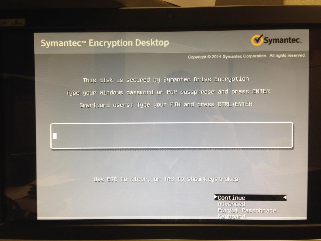When booting up the computer after the encryption process has been started, a screen similar to the one below will appear.
