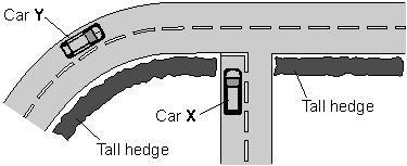 (b) The diagram shows a road junction seen from above. A mirror placed at the side of the road allows the driver of car X to see car Y.