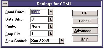 Figure 3. These are the settings for COM1 the Com port attached to the Computertop TV-I. 4. Open the Control Panel by double-clicking on it. 5. Open the Ports control panel by double-clicking on it.