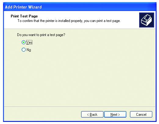 Click Next Select Yes, to print a test page. Click Next This screen will display information about your printer.