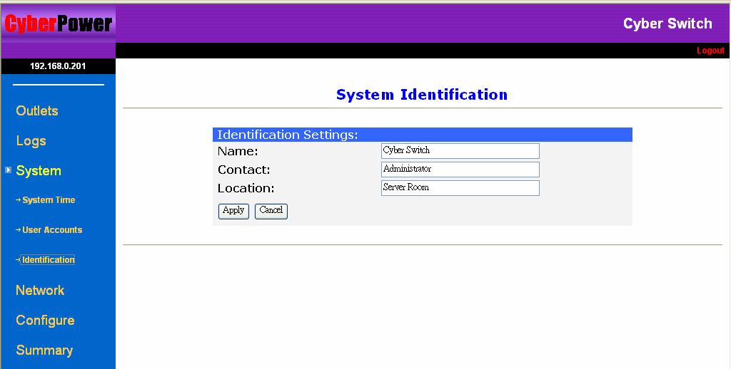 [System] menu contains [System Time], [User Accounts], and [Identification]. [System Time] serves to setup the CyberSwitch system s Date and Time. Click [Apply] to active the settings.