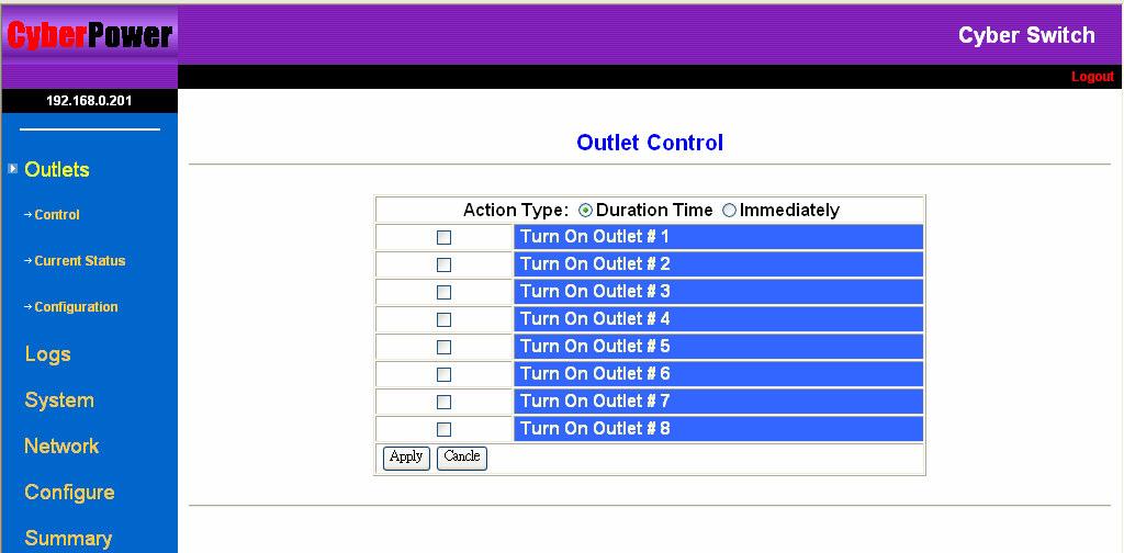 CONFIGURATION GUIDE [Outlets] menu contains [Control], [Current Status], and [Configuration] [Control] allows switching on/off the outlets immediately or after a specific duration.