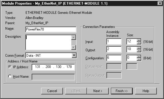 AB Drives Configuring the Scanner or Bridge 4-5 The Module Properties dialog box (Figure 4.8) appears. Figure 4.8 Module Properties Dialog Box - Page 1 3.