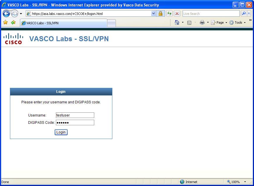 8 Cisco ASA SSL/VPN test 8.1 Response Only To start the test, browse to the public IP address or hostname of the ASA device. In our example this is https://asa.labs.vasco.com.