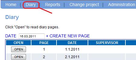 5 Diary T read r create Diary pages select [Diary] frm the header. Yu can pen diary page by clicking [OPEN] buttn. T create a new page, select date and click [+CREATE NEW PAGE] 5.