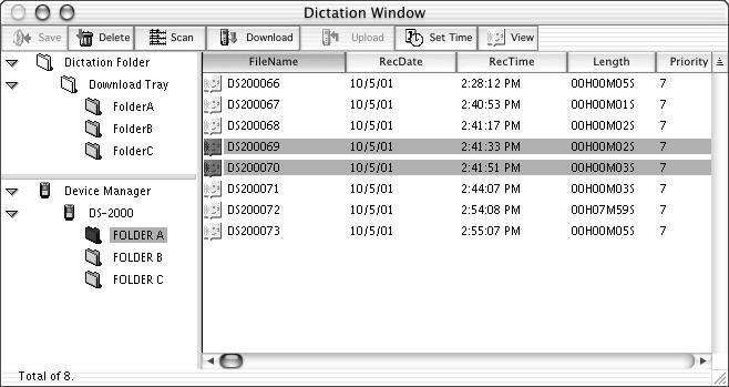 Downloading Selected Files Select a folder Select the file you want to download in the Device Window. In the figure at right, Folder A has been selected.