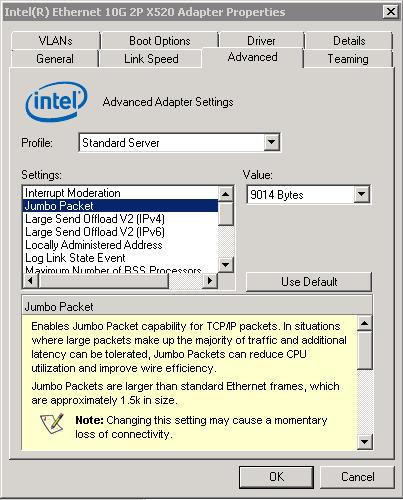 Figure 5: Enabling jumbo packets on network adapter ports Also on the Advanced tab of the Adapter Properties window, under