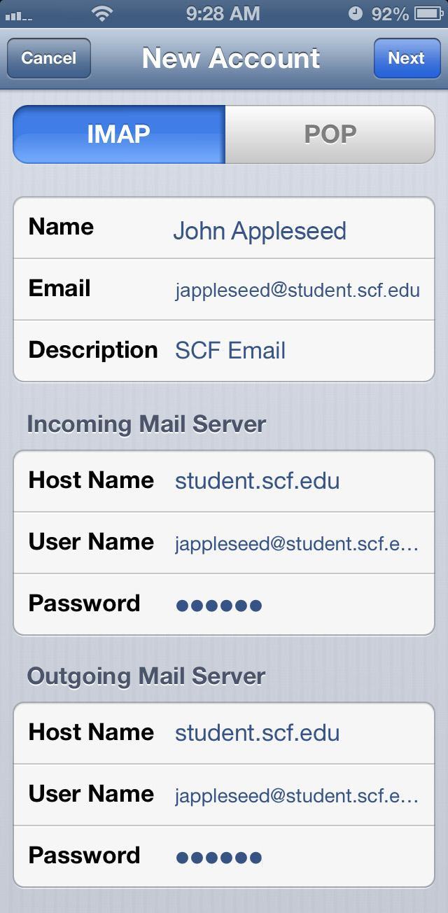 Mail Server & Outgoing Mail Server use the following: Host Name student.scf.