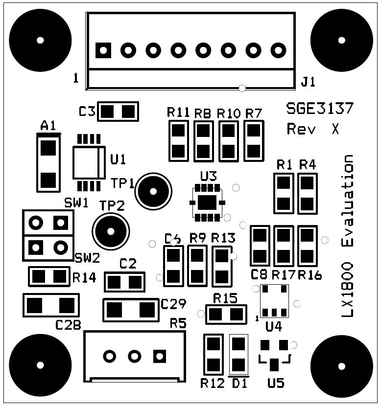 LX1800 PRINTED CIRCUIT BOARD LAYOUT PCB LAYOUT RECOMMENDATIONS Figure 3 - LX1800 Evaluation Board Layout It is recommended that C1and C2 be located within 1cm of the LX1800.