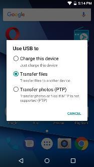 Click the USB notification bar icon to access the USB computer connection menu and select the desired setting.