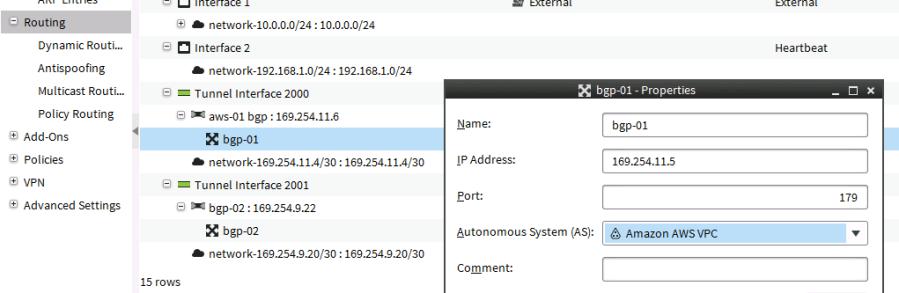 add a BGP Peering. Right click on the BGP Peer created under each tunnel interface and Add External BGP Peer. Specify the AWS gateways, one per tunnel interface.