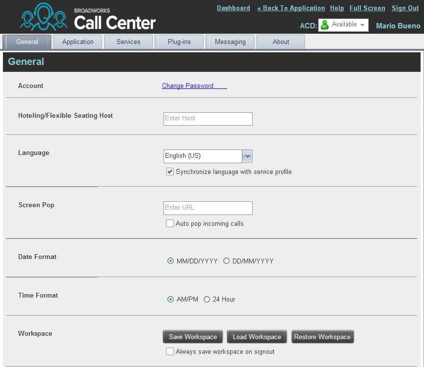 17.1 Settings General You use the General tab to configure miscellaneous settings that improve the usability of Call Center. 17.1.1 Account Figure 151 Settings General The following subsections describe the settings that can be configured on this page.