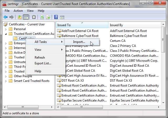 Figure 161 MS Windows Certificate Manager 3) Double-click the Trusted Root Certification Authorities store to expand it, and then right-click Certificates.