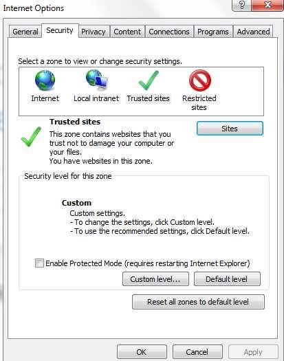 Figure 177 Internet Explorer Internet Options Security 2) Click the Security tab.