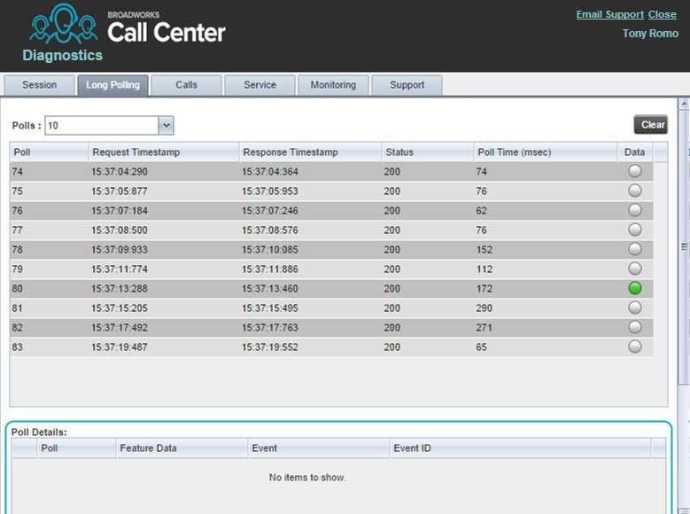 21.2.3 Calls Tab Figure 182 Diagnostic Tool Long Polling Tab The Calls tab shows call statistics for calls placed through the dialer.
