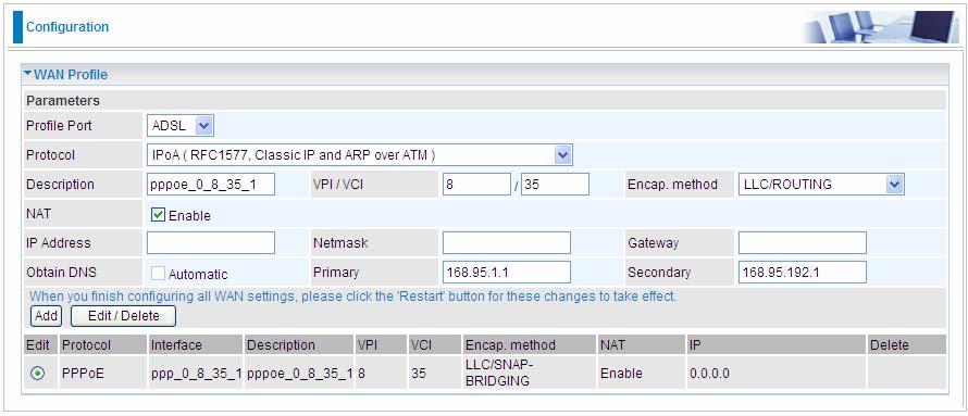 IPoA (ADSL) Description: A given name for the connection. VPI/VCI: Enter the VPI and VCI information provided by your ISP. Encap. method: Select the encapsulation format.