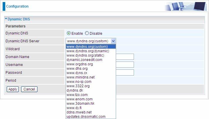 by ISP. You need to first register and establish an account with the Dynamic DNS provider using their website, for example http://www.dyndns.org/. Dynamic DNS: Default is disabled.